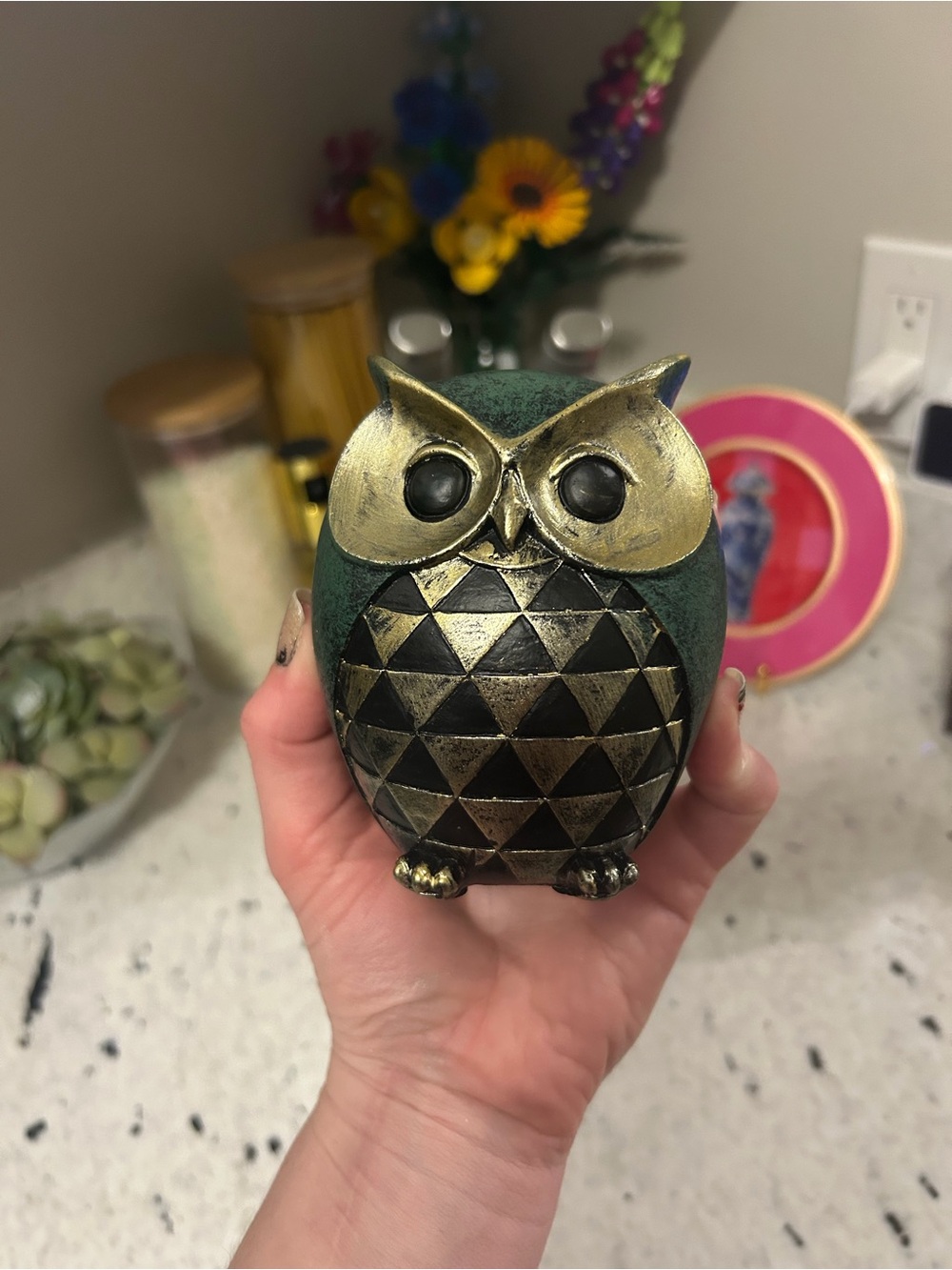 Green and Gold Decorative Owl Figurine